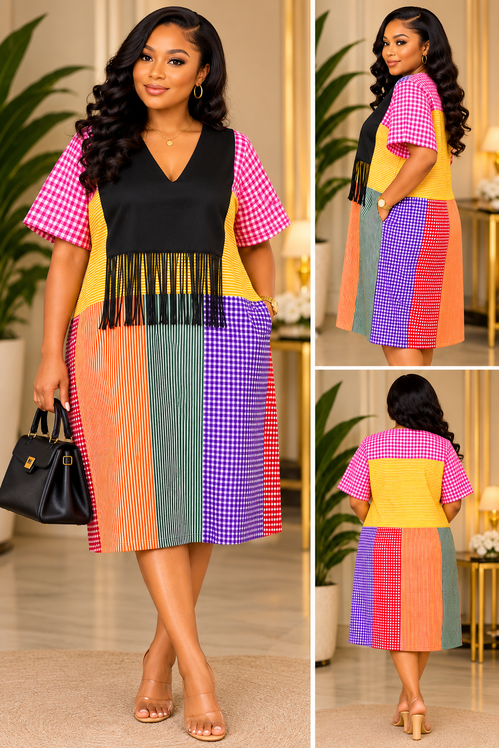 Women’s Colorful African Print Midi Dress – Black V-Neck