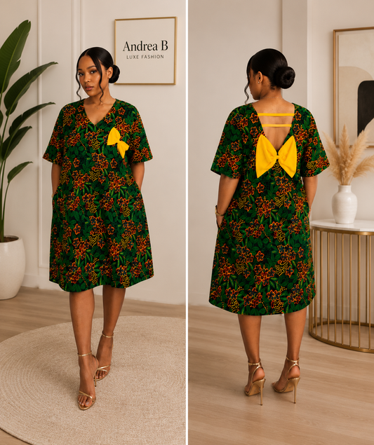 Women’s Green Floral Midi Dress – Short Sleeve