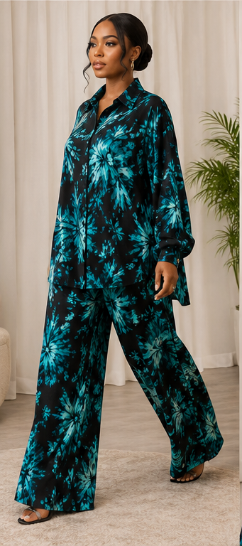 Andrea B Luxe Floral Palazzo Set – Black & Teal
