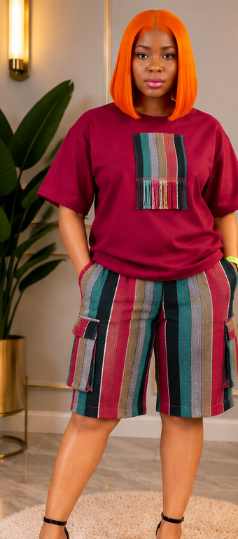 Women’s Aso Eke Two-Piece Set – Burgundy & Multicolor
