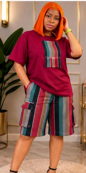Women’s Aso Eke Two-Piece Set – Burgundy & Multicolor