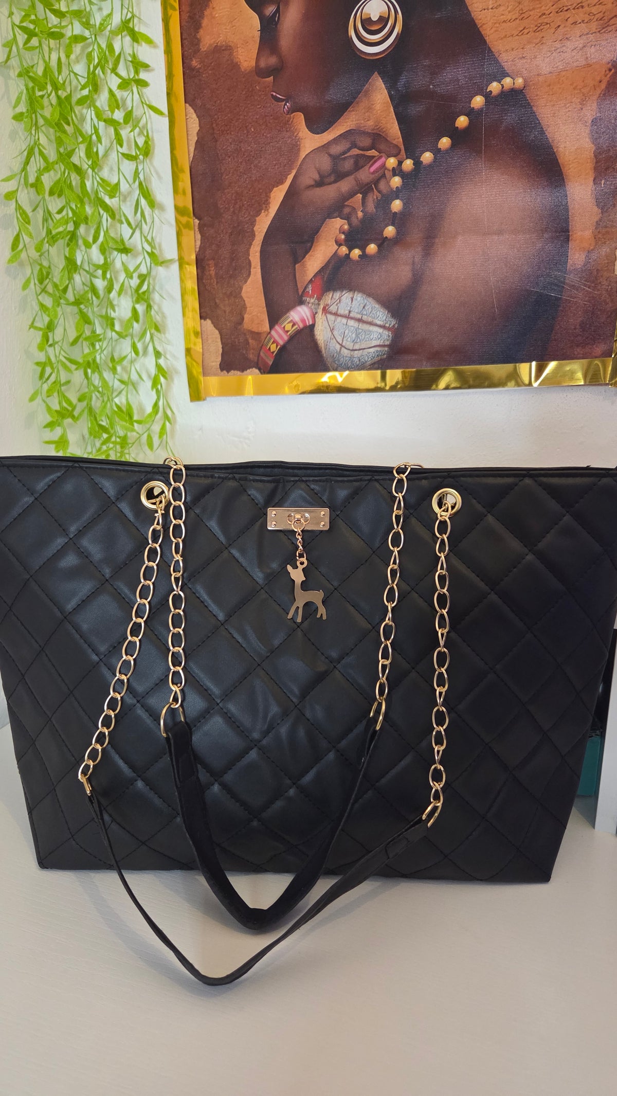 Women’s Black Quilted Handbag with Gold Chain