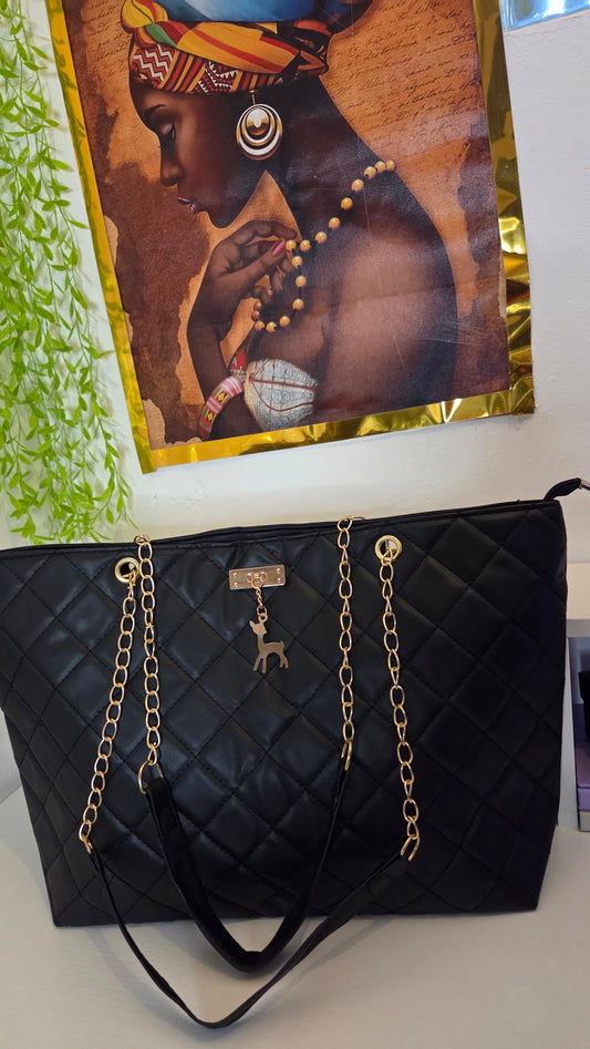 Women’s Black Quilted Handbag with Gold Chain