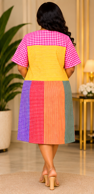 Women’s Colorful African Print Midi Dress – Black V-Neck