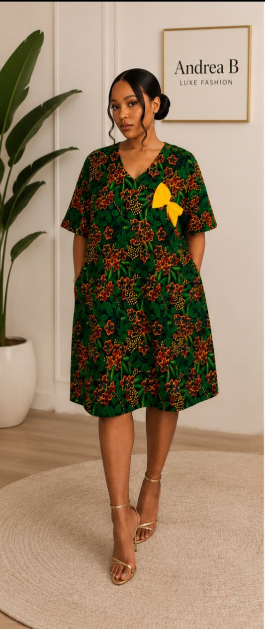 Women’s Green Floral Midi Dress – Short Sleeve