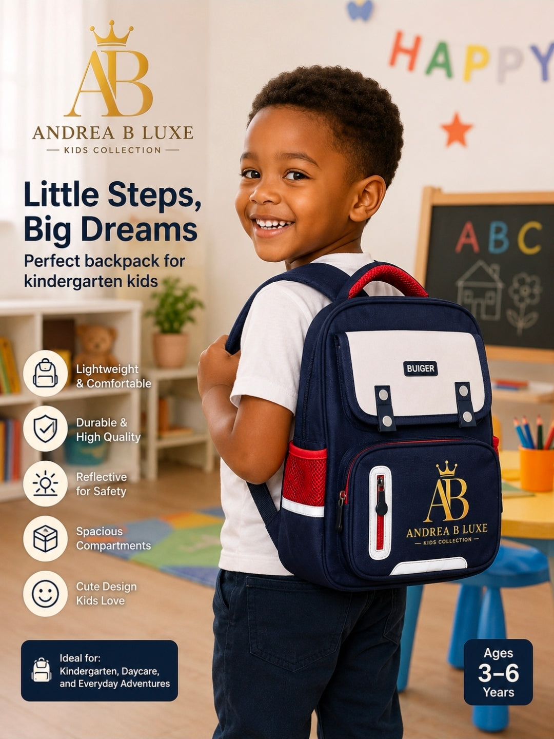 Andrea B Luxe Kindergarten School Backpack for Kids (Ages 3–6)