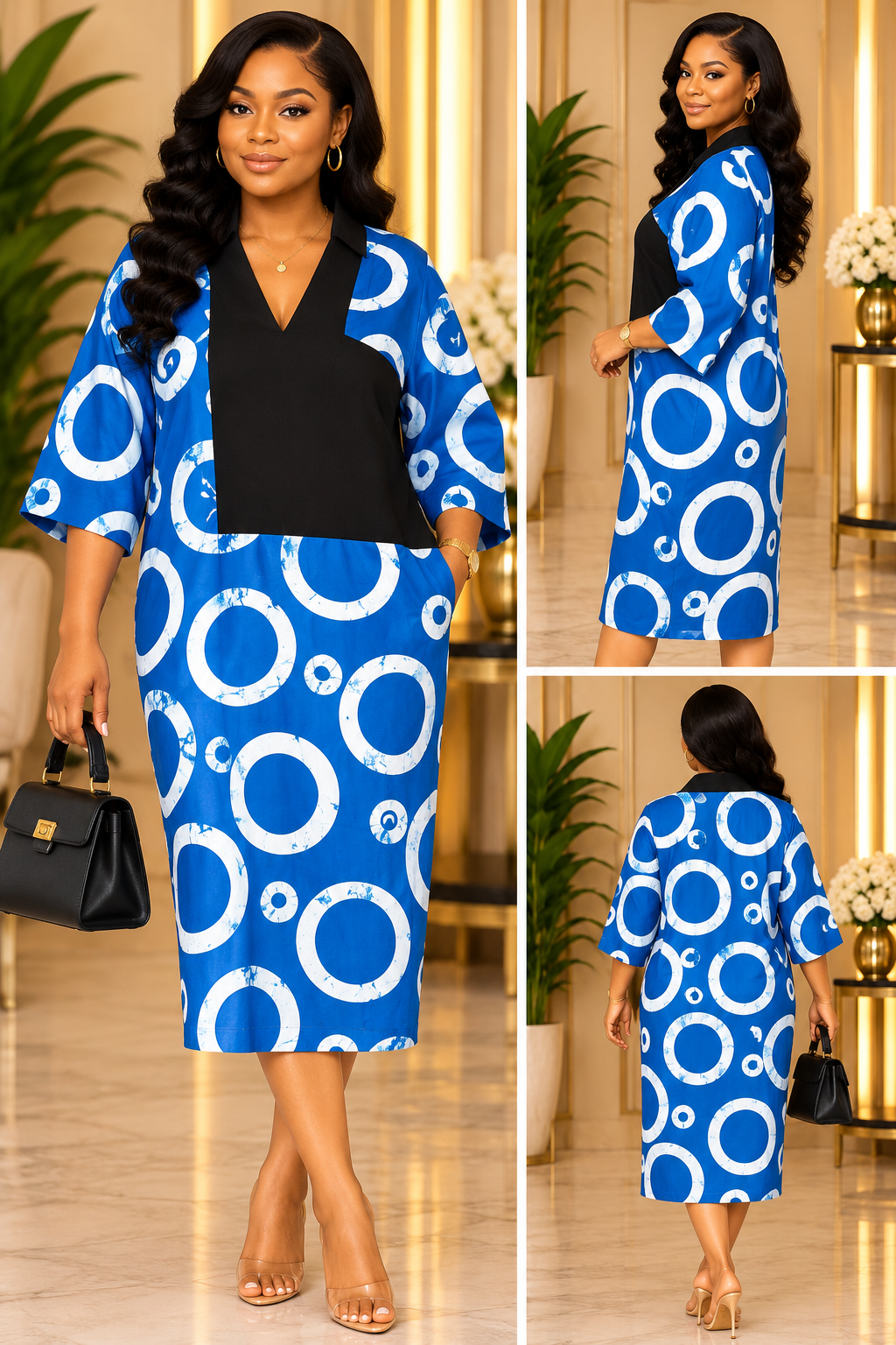 Women’s Blue African Print Midi Dress with Black Panel
