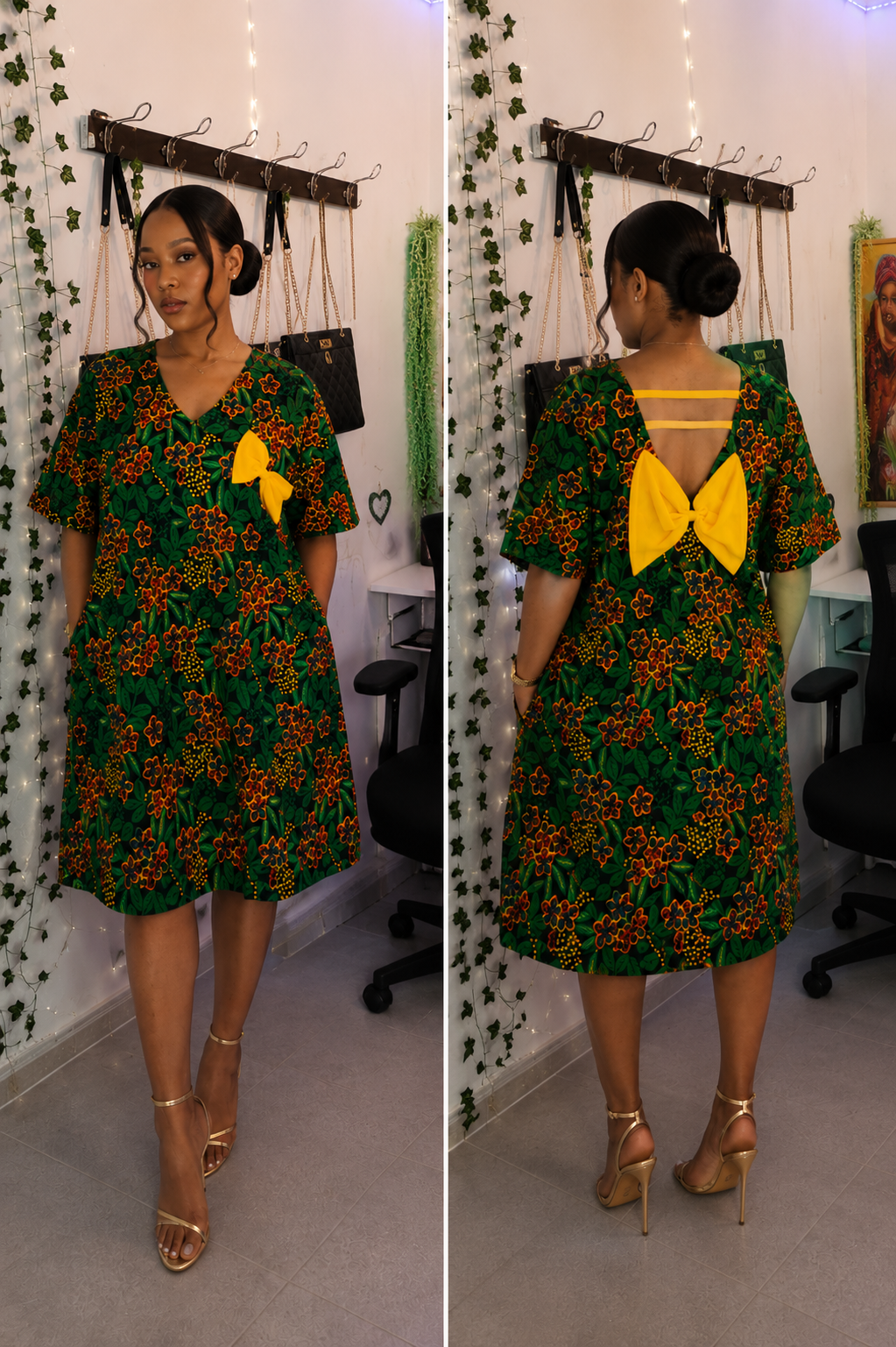 Women’s Green Floral Midi Dress – Short Sleeve