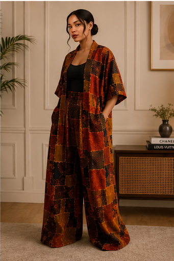 Royal Ember Palazzo Set with Statement Kimono