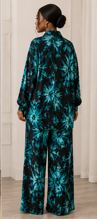 Andrea B Luxe Floral Palazzo Set – Black & Teal