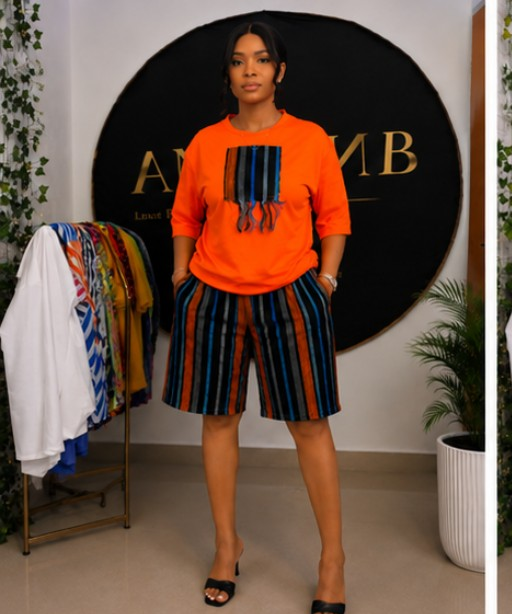 Women’s Aso Eke Two-Piece Set – Short Sleeve & Shorts