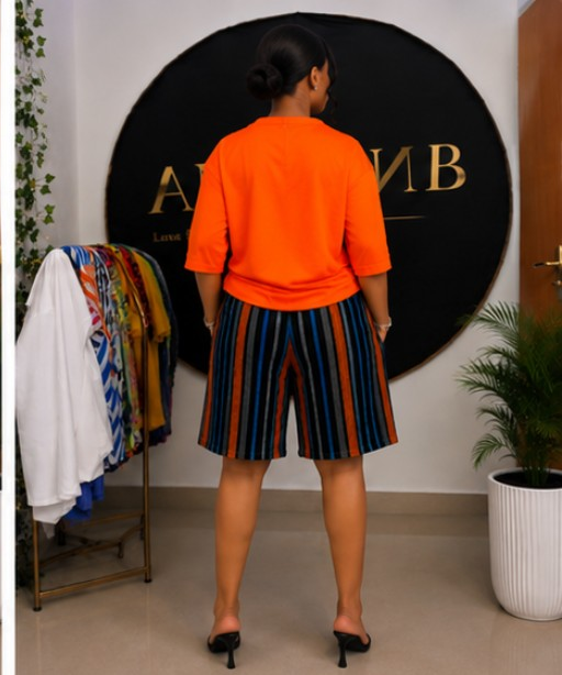Women’s Aso Eke Two-Piece Set – Short Sleeve & Shorts