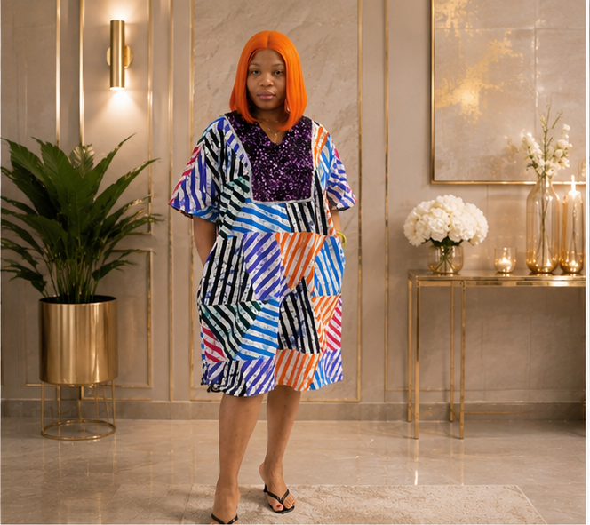 Women’s African Print Midi Dress – Colorful Short Sleeve